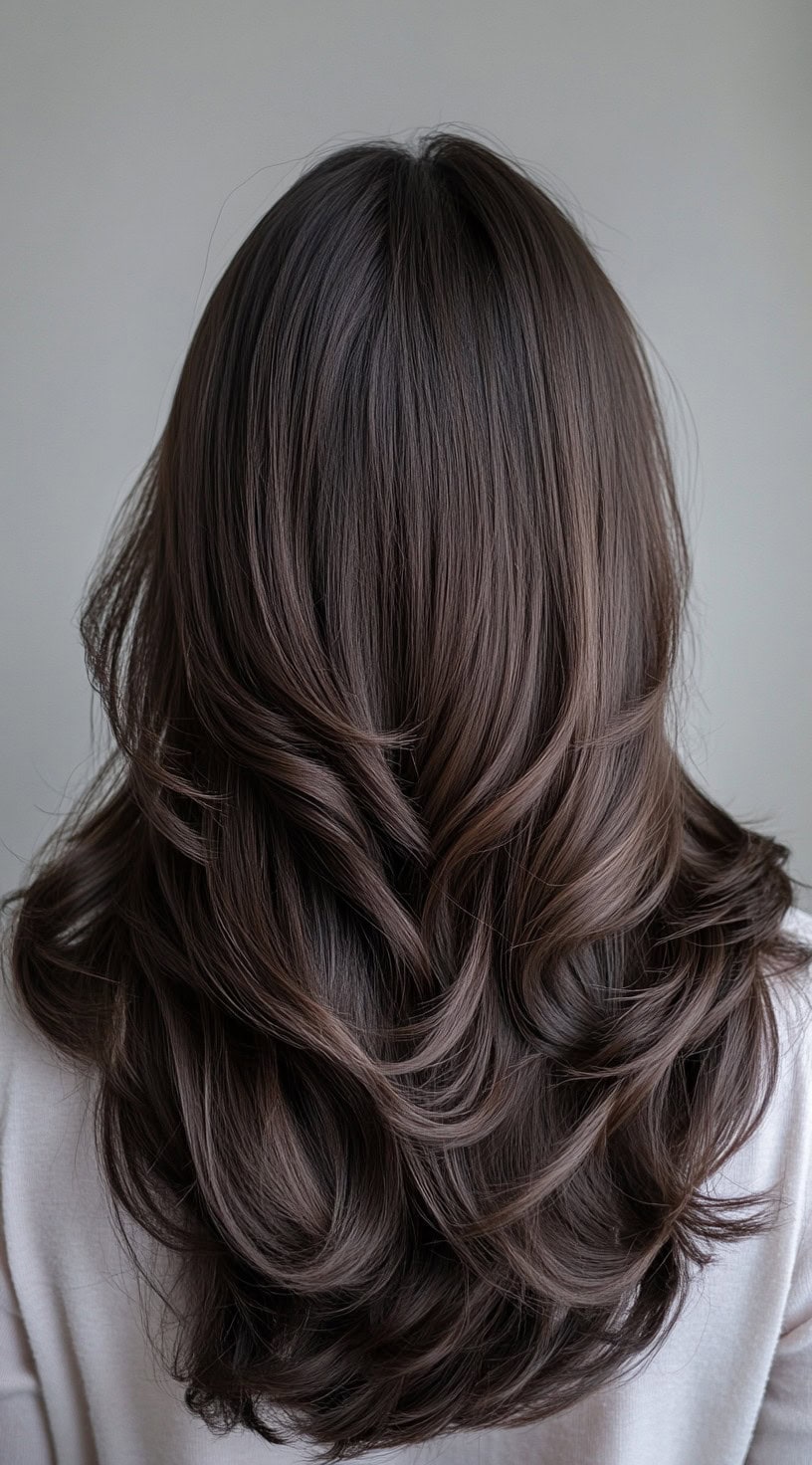 Glossy chocolate brown hair with soft, blended layers creating dimension.