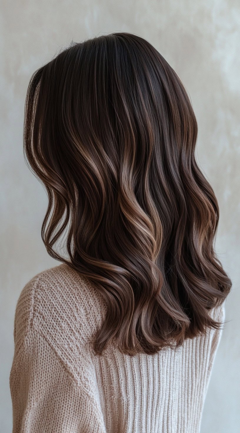 Rich chocolate brown hair with soft blonde highlights for a sunlit effect.