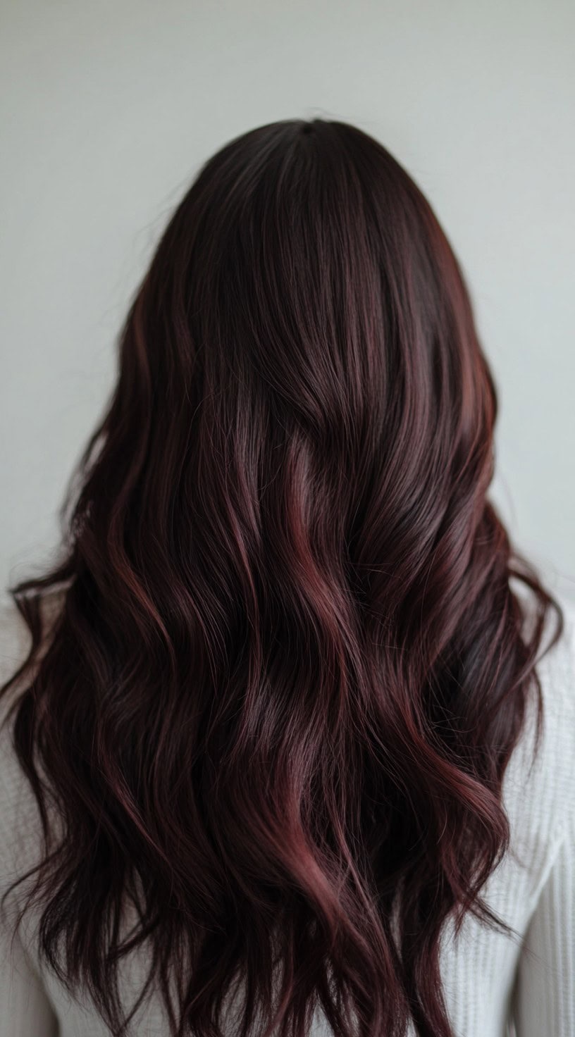 Back view of long, rich mahogany brown hair with soft waves.