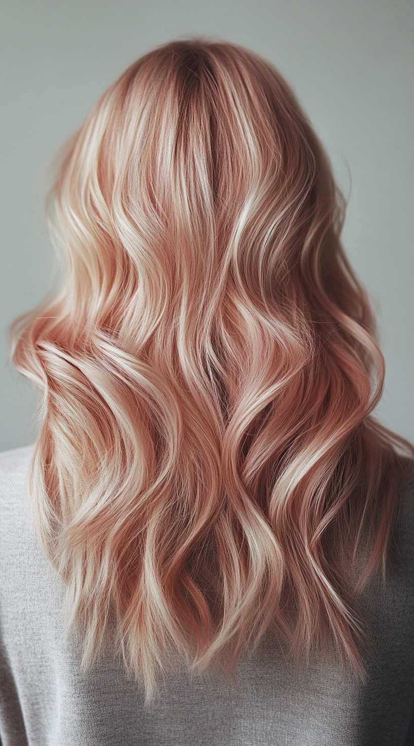 Back view of wavy hair in a soft rose gold shade with platinum blonde highlights.