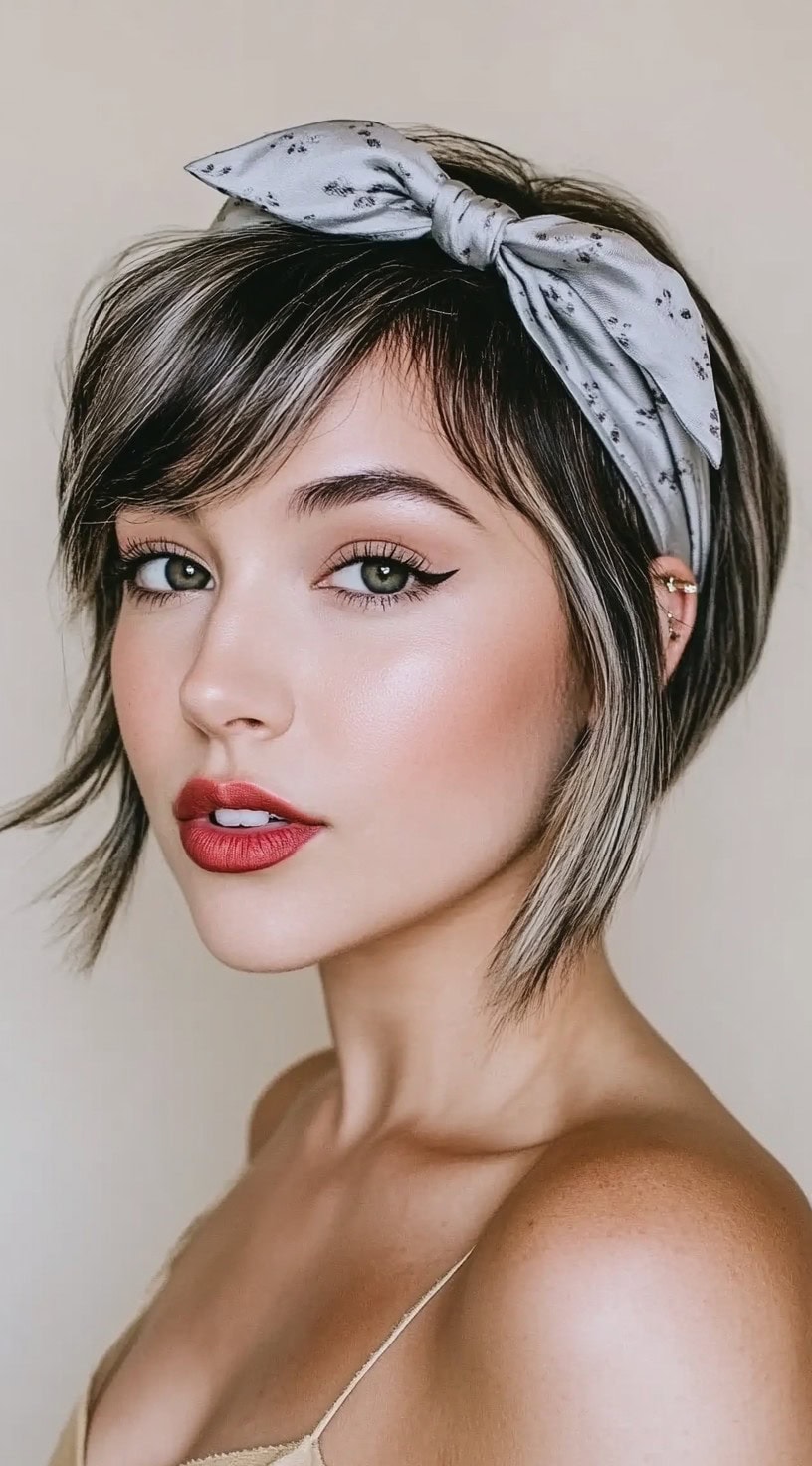 Close-up of a woman with a short bob haircut and a gray bow headband.