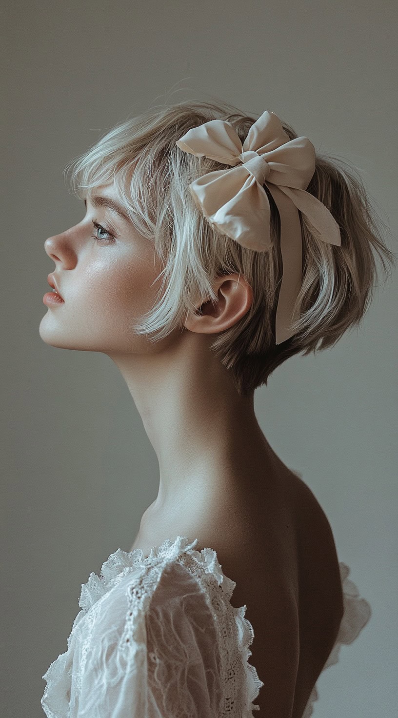 Side profile of a woman with a short blonde bob hairstyle adorned with a bow on the side.