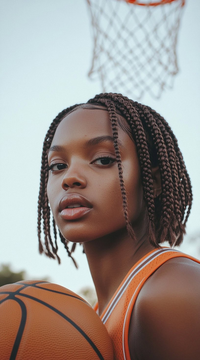 In this picture, the person has short, neat box braids falling just below the chin, offering a stylish, low-maintenance look.