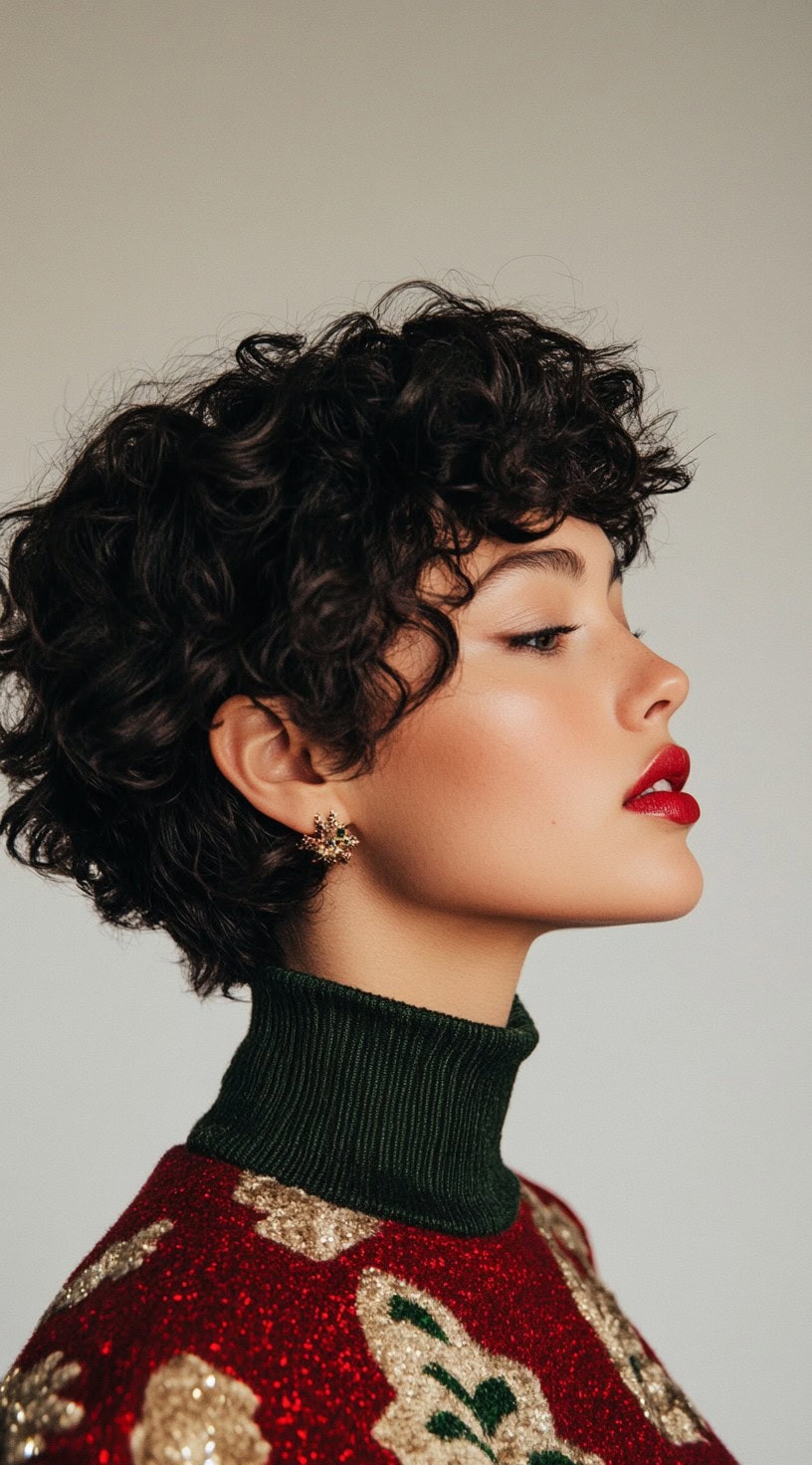 Side view of a short, curly crop worn by a woman with voluminous, textured curls and festive red lipstick.