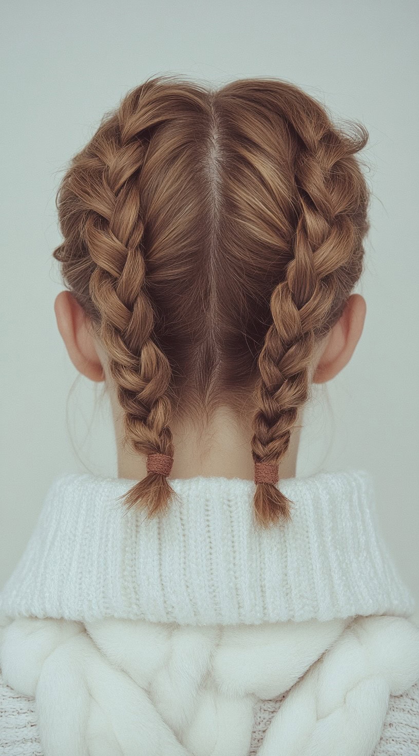 Back view of a woman with medium-length hair styled into two neat Dutch braids, with ends tied into small ponytails.