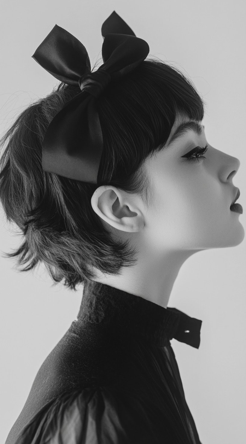 Side profile of a woman with short hair and a large black bow positioned on top.