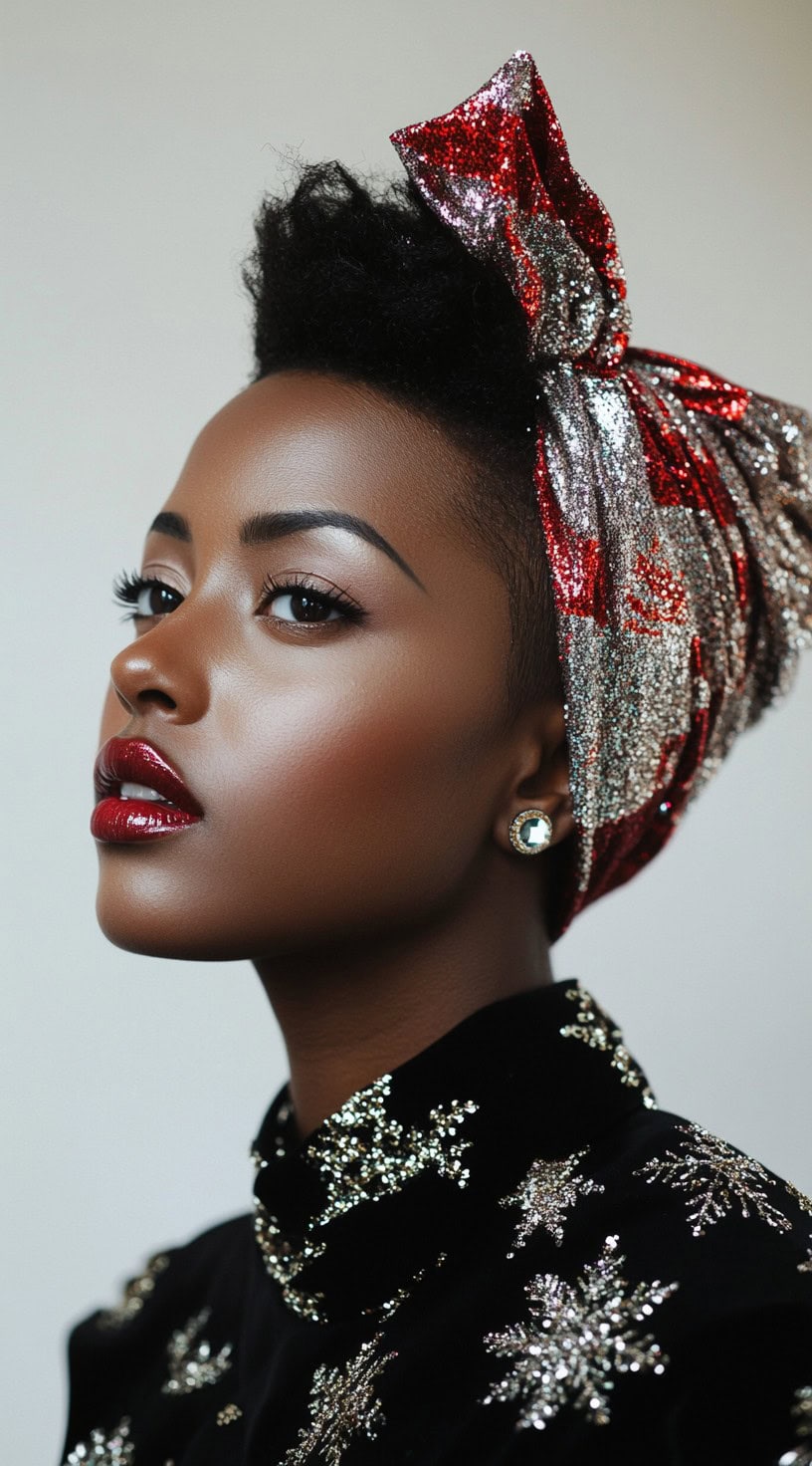 Side view of a woman with short, natural curls wearing a sparkling red and silver headwrap.