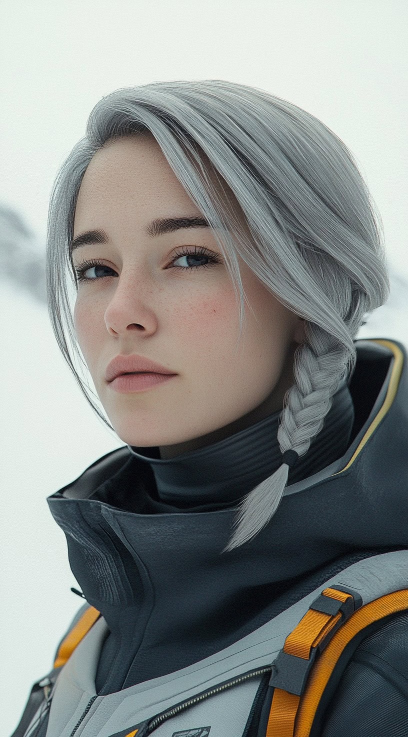 Young woman with silver hair styled in a short side braid, tucked neatly under a ski jacket.