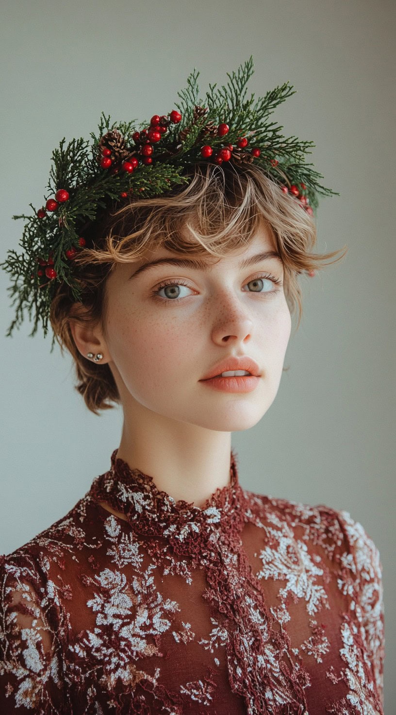 Front view of a woman with short tousled hair wearing a festive wreath headband adorned with greenery and red berries.