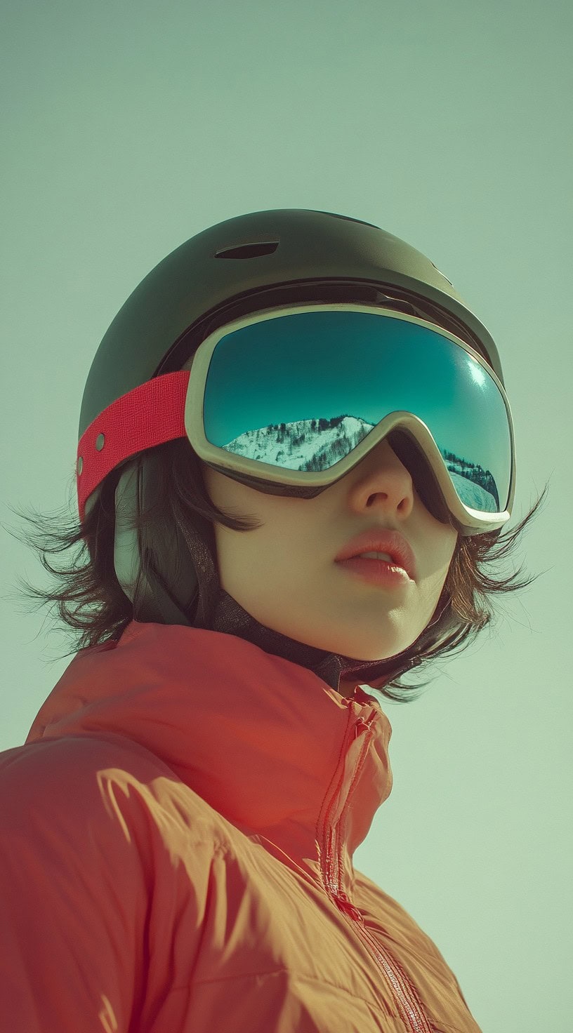 Young woman with short, tousled bob hair peeking out from under her ski helmet, reflecting a relaxed and playful look.