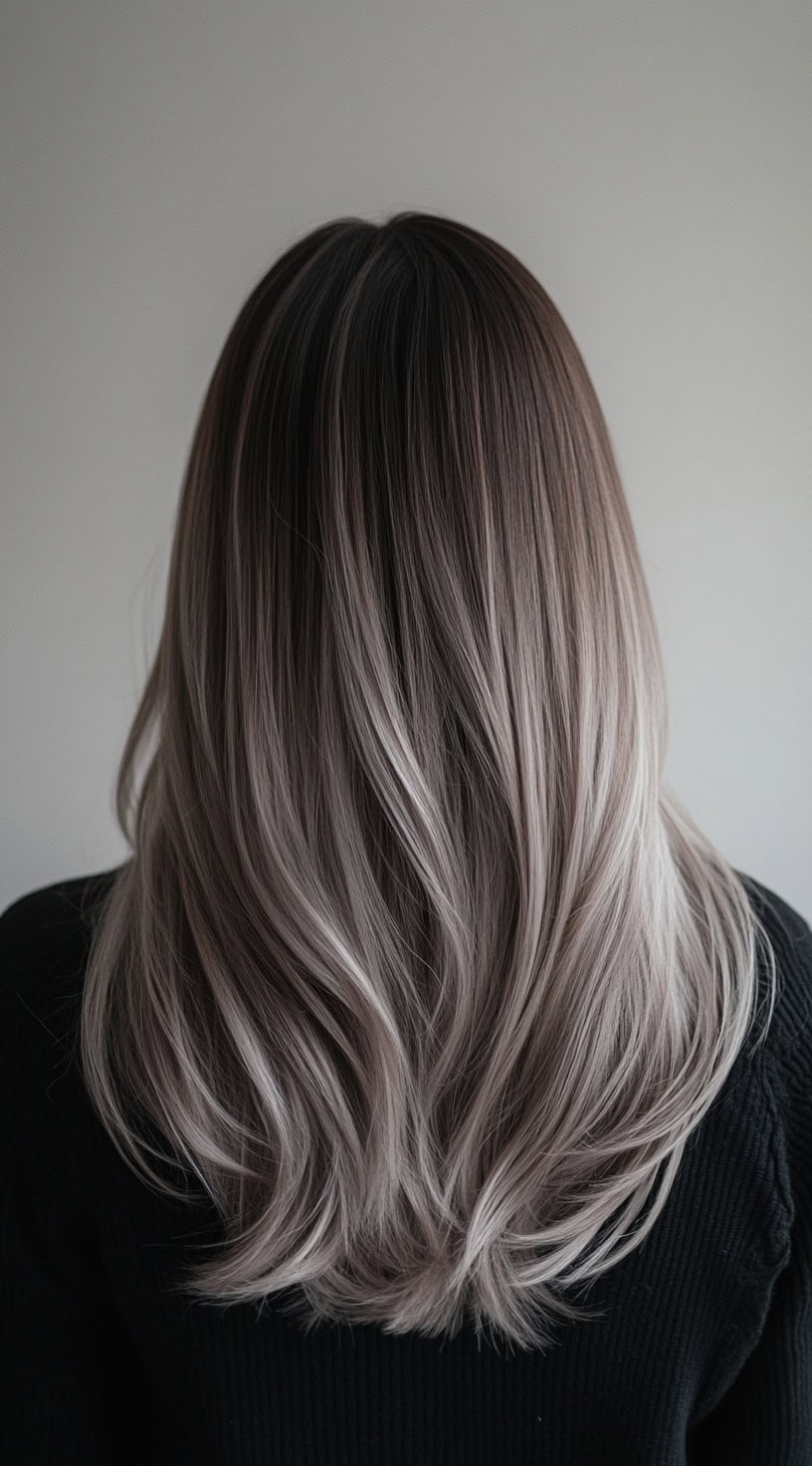 Dark roots transitioning into a smooth silver ash blonde ombre.