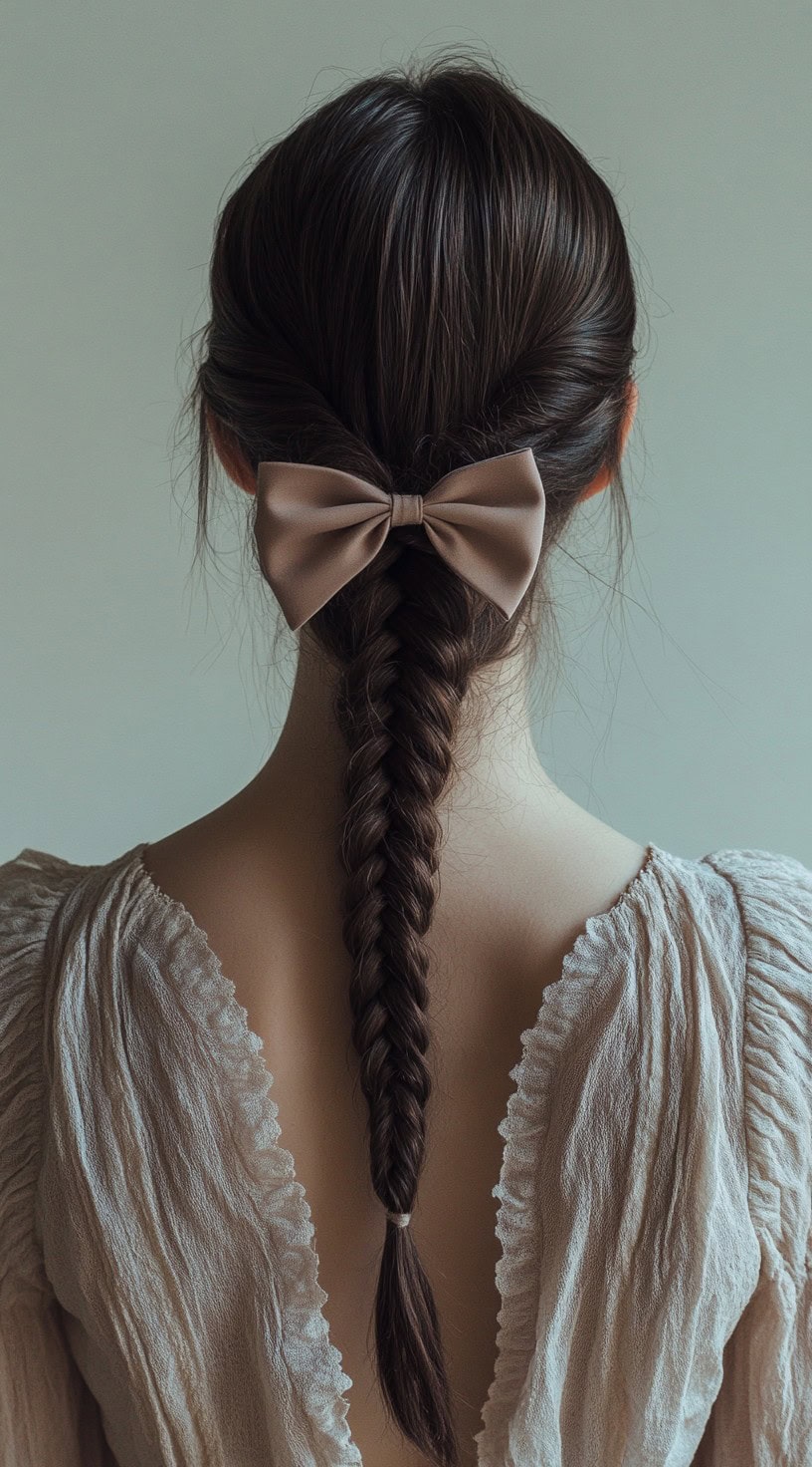 Back view of a woman with a single braid down her back, decorated with a center-positioned beige bow.