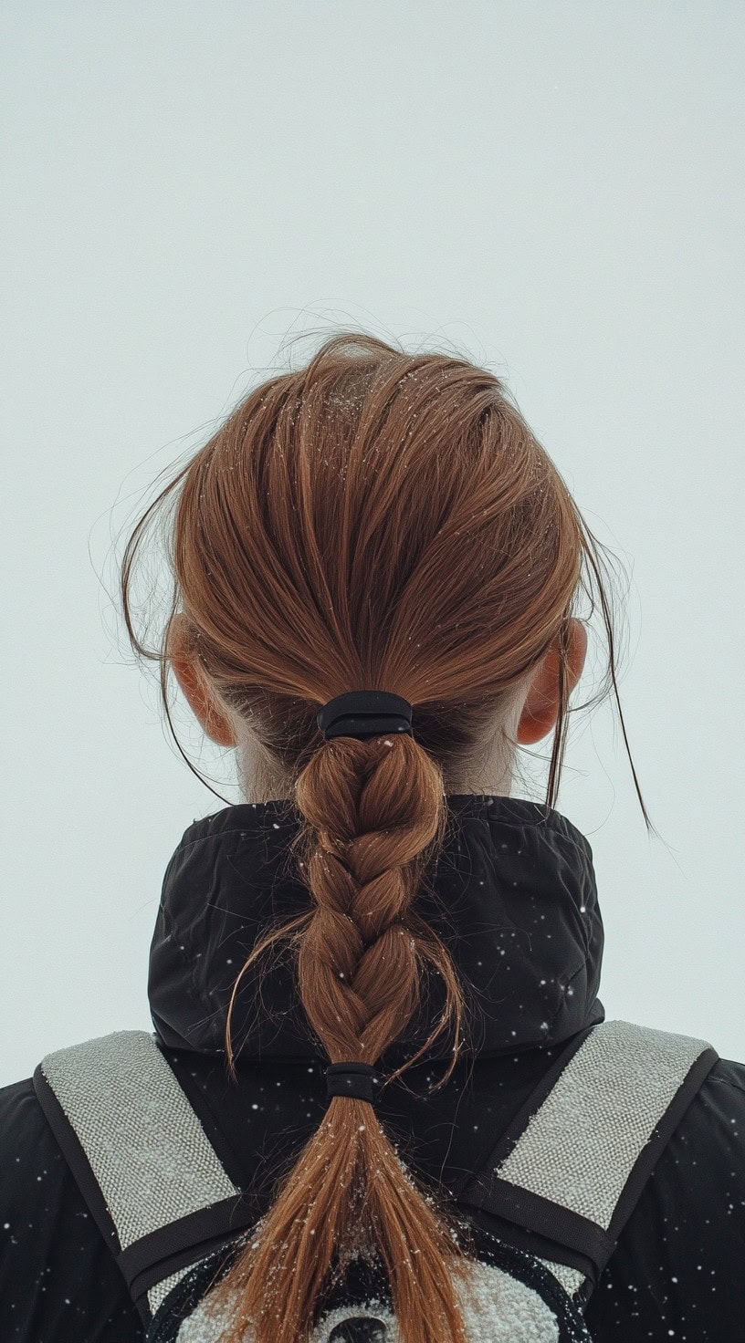 Back view of a woman with red hair styled into a single braid with loose strands falling around her face.