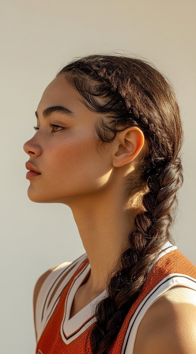 In this picture, a person has their hair in a long single Dutch braid, with smooth, styled baby hairs framing the face.