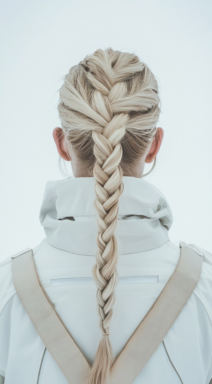 Back view of a woman wearing a white jacket, with her long blonde hair styled in a single French braid under a ski helmet.