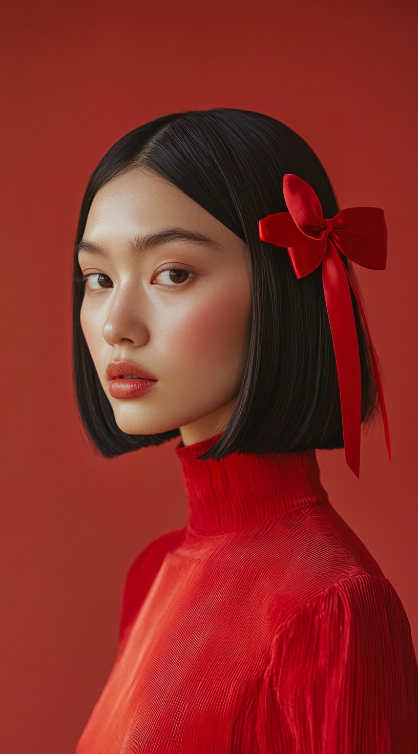 Profile view of a woman with a sleek, straight bob adorned with a large red velvet bow on the side.