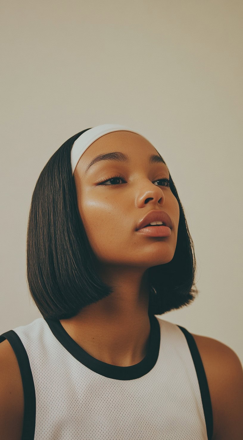 In this image, the person is wearing a sleek, straight bob with a wide headband holding the hair in place.