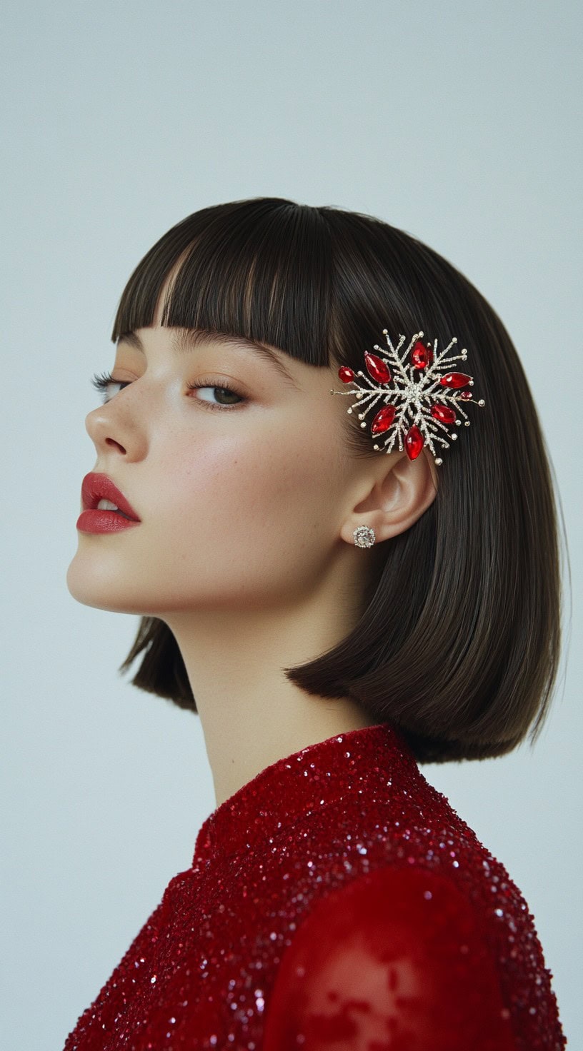 Profile view of a sleek, straight bob with bangs, adorned with a large jeweled hair clip in red and gold.