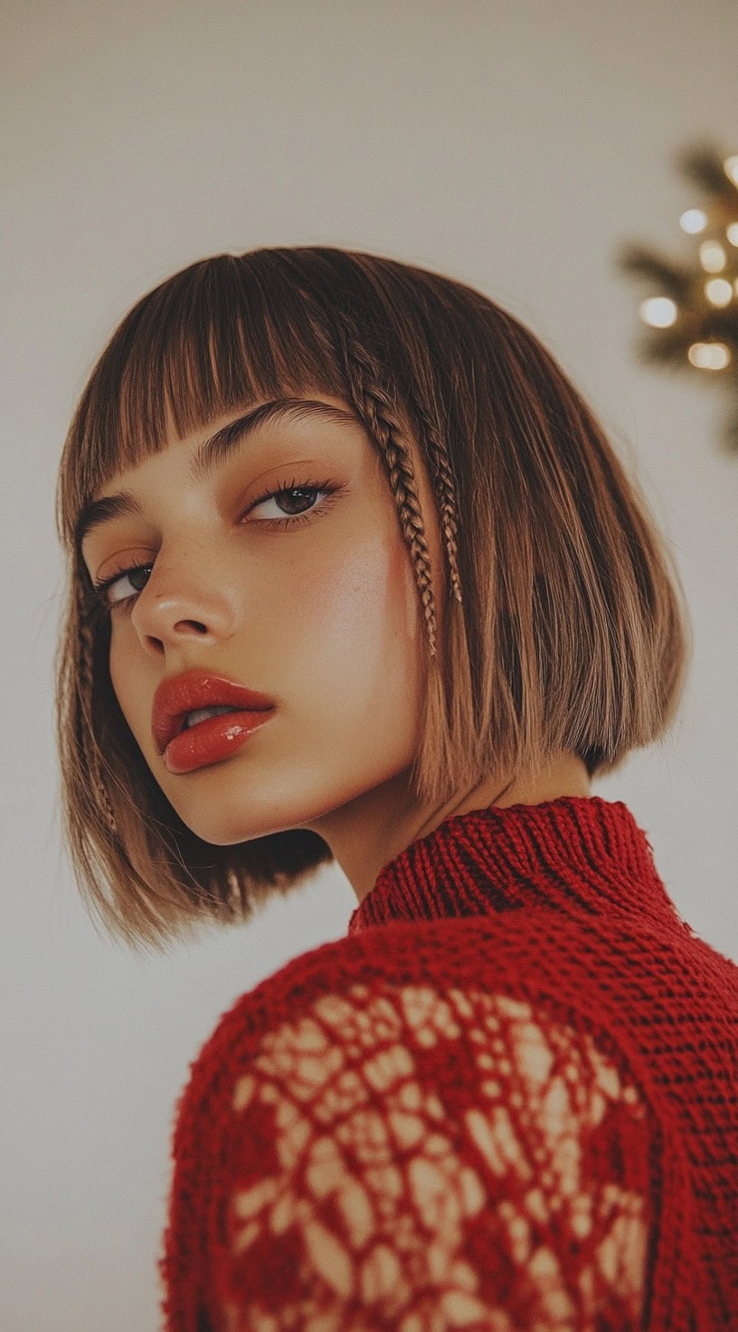 Side view of a sleek bob with a small braid framing the side, worn by a woman with straight bangs.