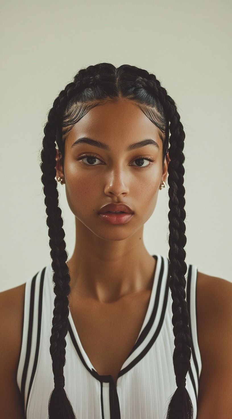 The person in this photo is wearing two sleek Dutch braids that start at the scalp and hang down past the shoulders.