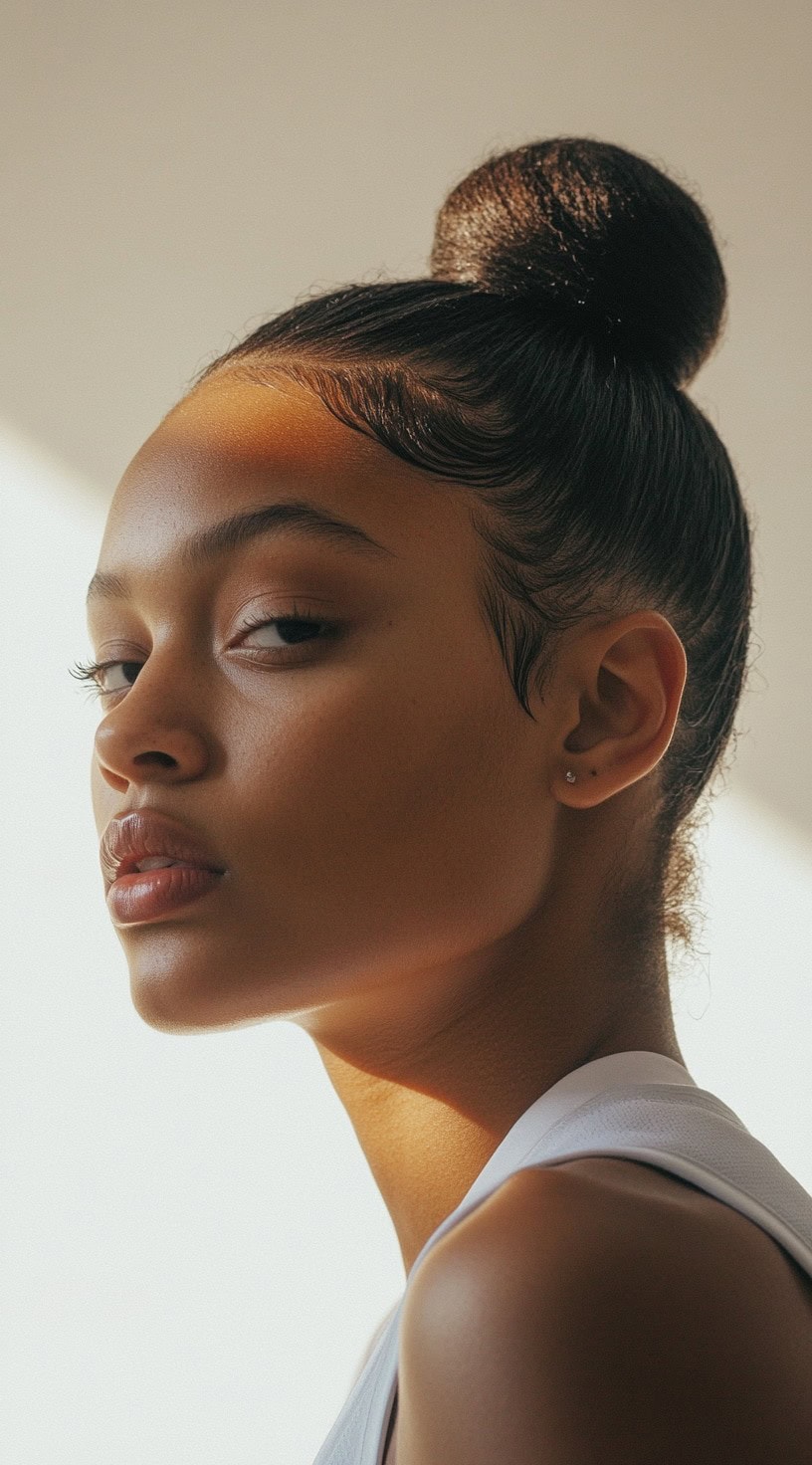 A woman with natural hair tied in a neat, high bun is wearing a white basketball jersey.