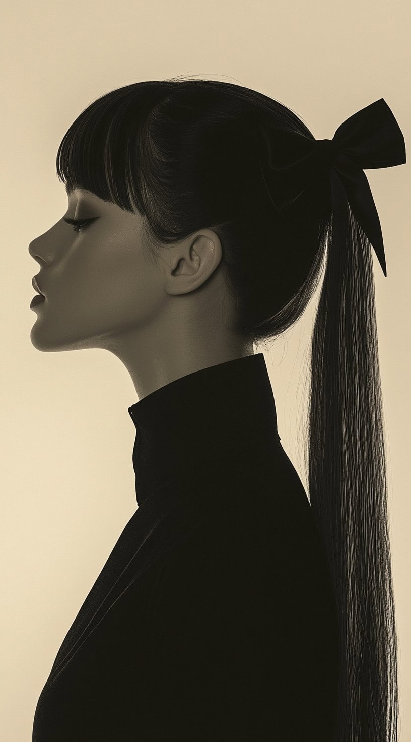 Side profile of a woman with a bands and a sleek high ponytail tied with a large black bow.