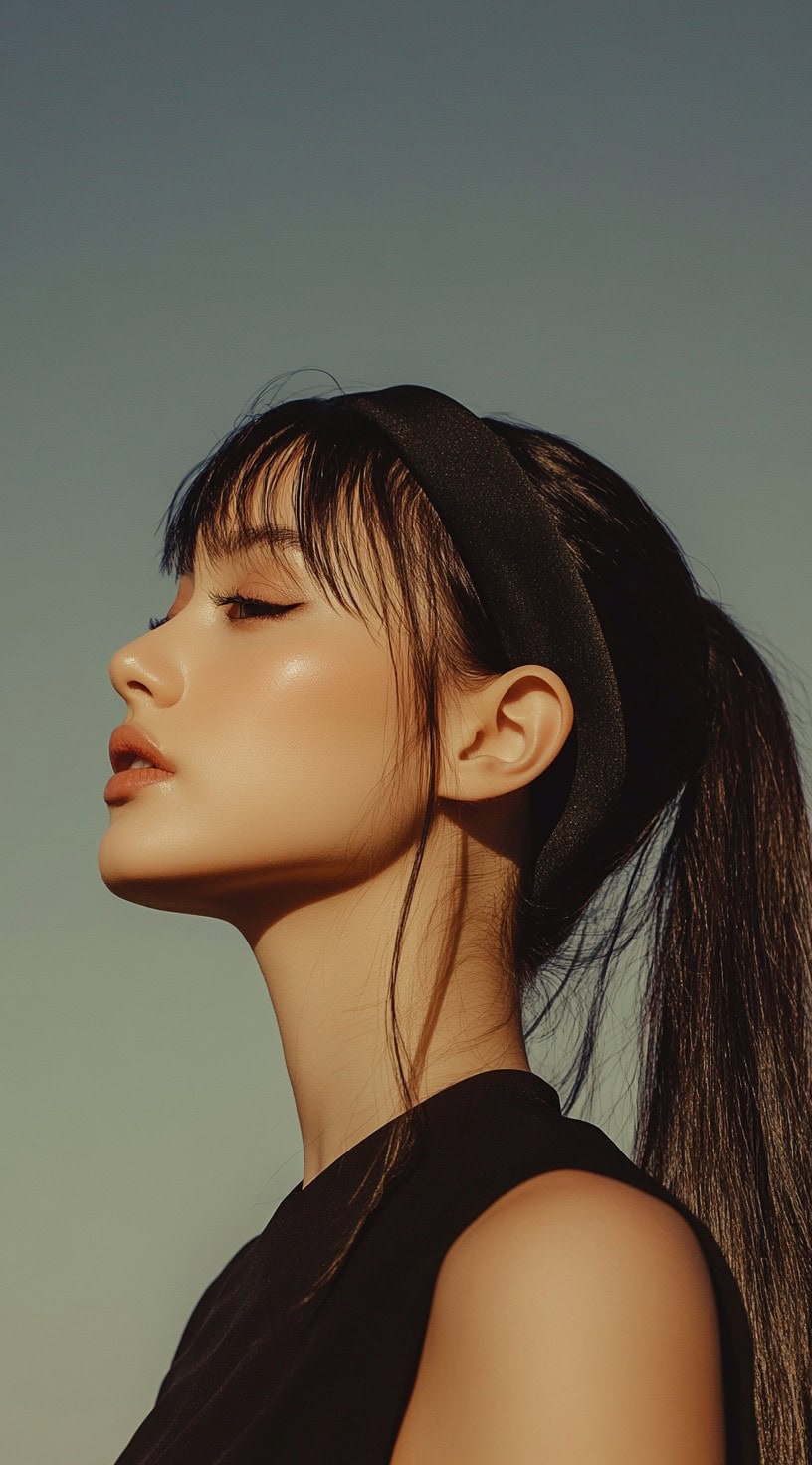 Side profile of a woman with a sleek high ponytail and a black thick headband.