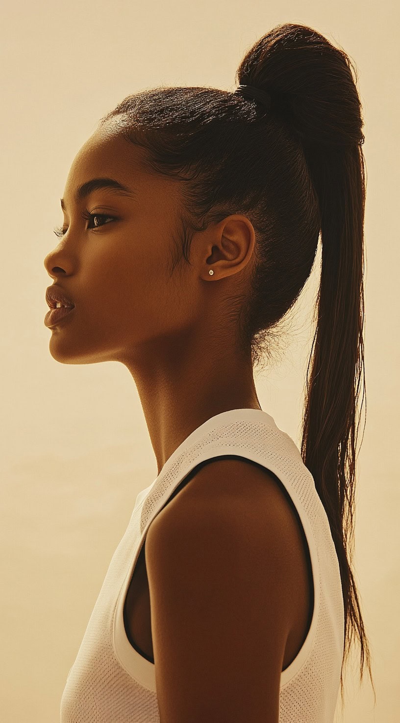 Profile view of a woman with sleek, straight hair pulled up into a high ponytail.