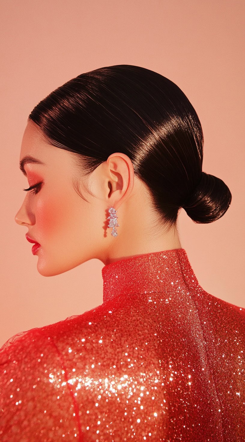 Side view of a sleek low bun with a high-gloss finish, worn by a woman in a glittery red dress.