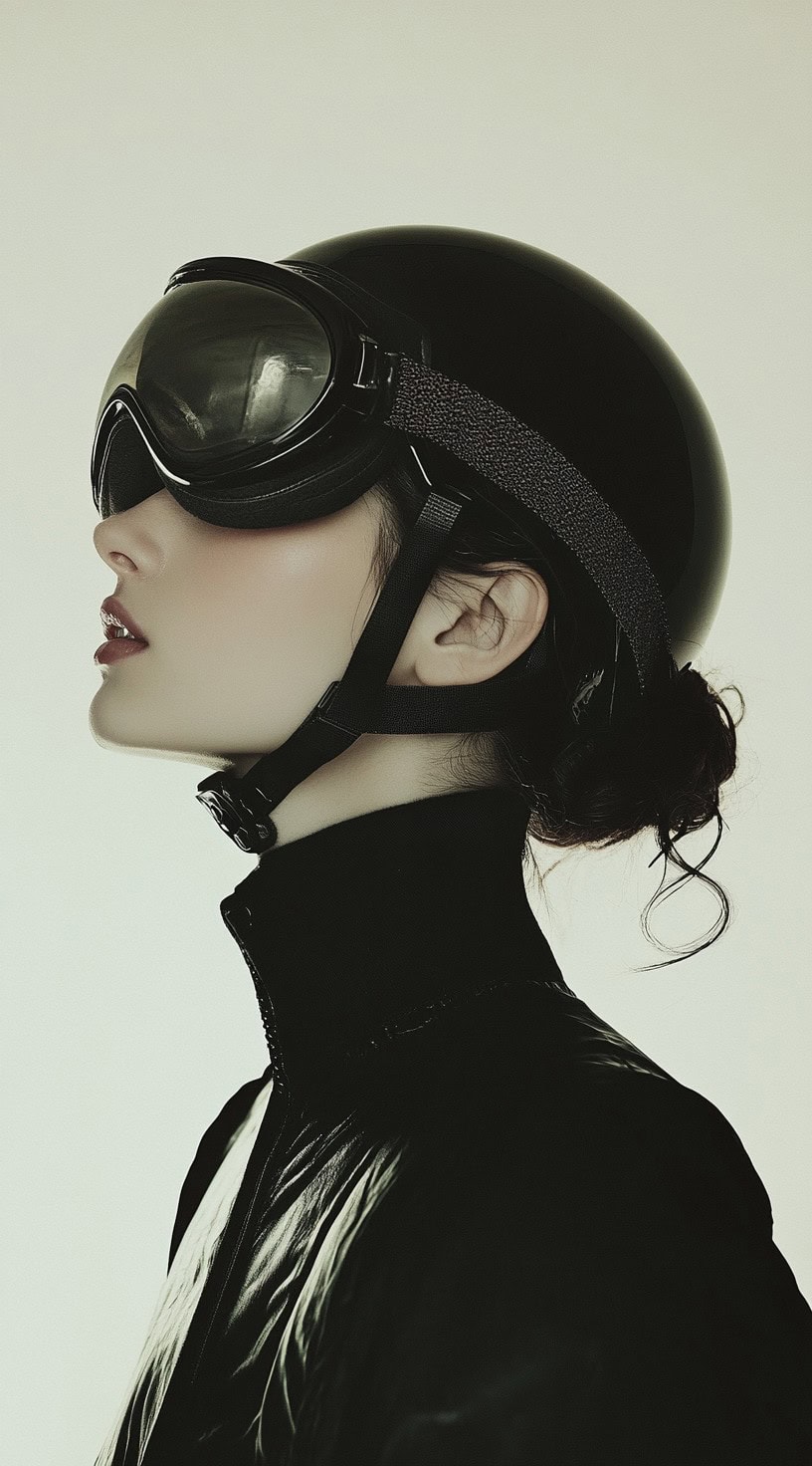 Side view of a woman with her hair styled into a sleek low bun under a black helmet, offering a polished and chic look.