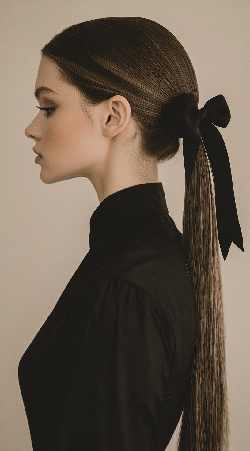 Side profile of a woman with a sleek low ponytail tied with a black bow.