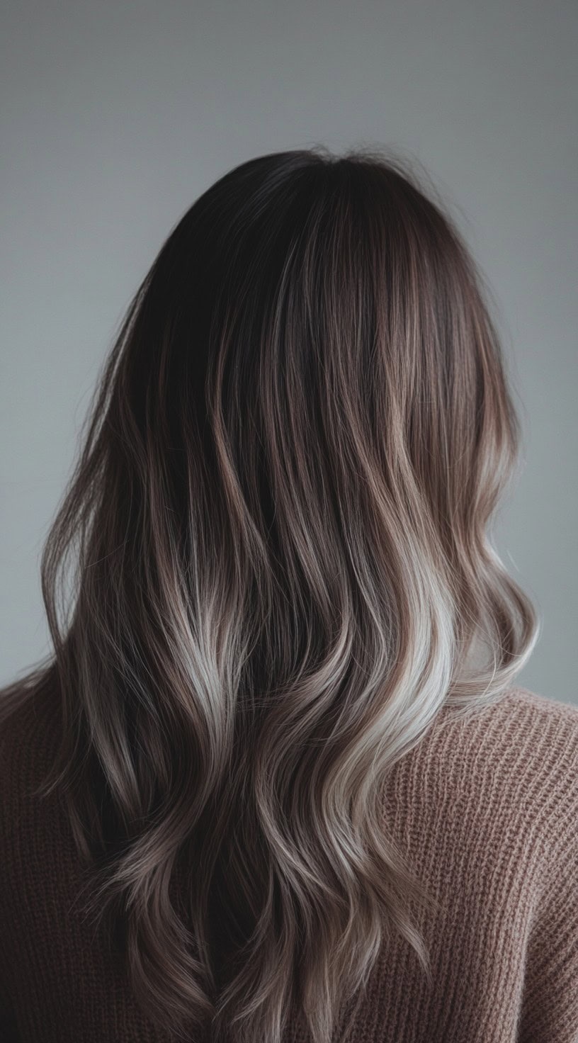 Hair with ash brown waves blending into smoky gray tips, styled in loose waves.