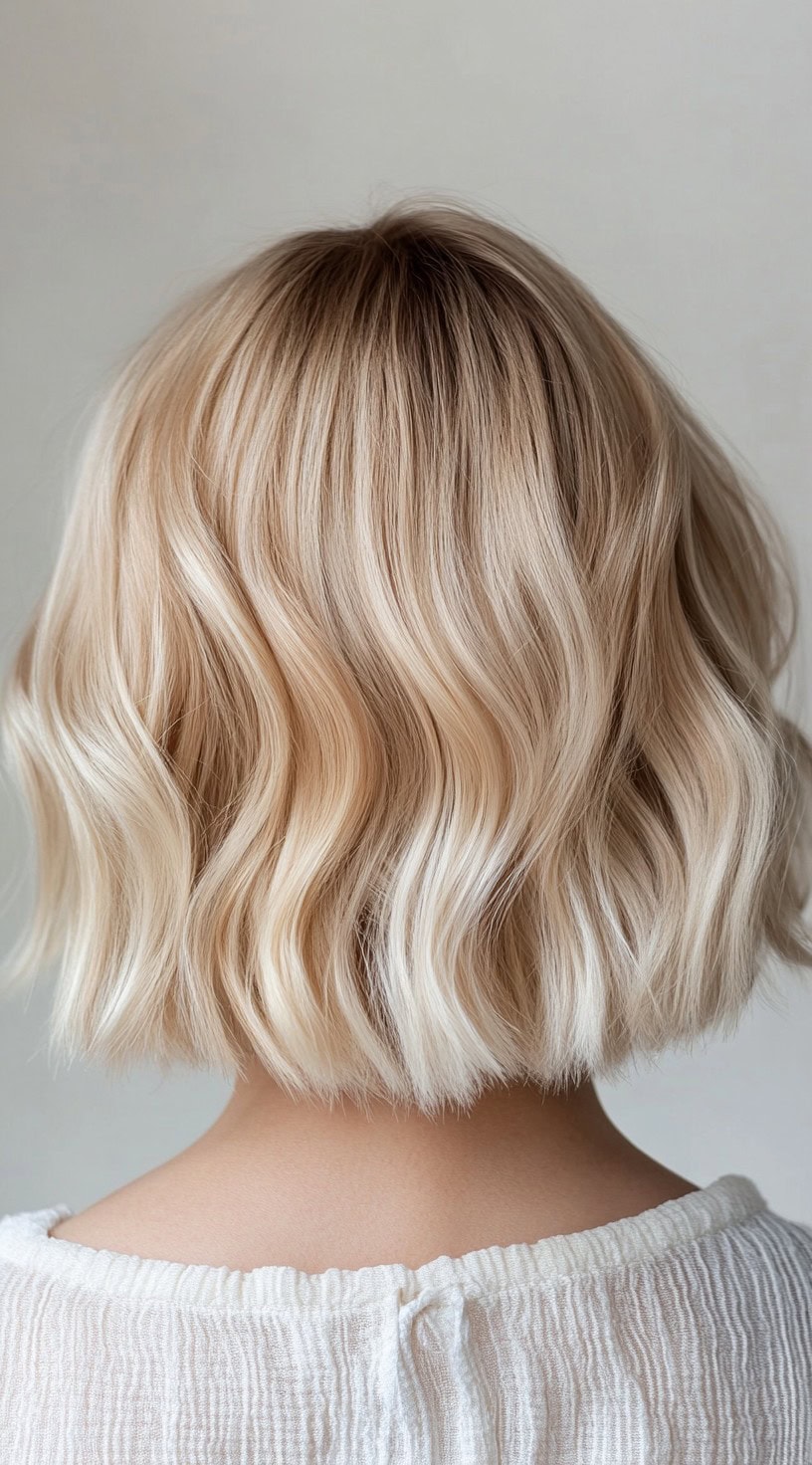 Back view of a short, wavy bob with butter blonde highlights and dark blonde roots.