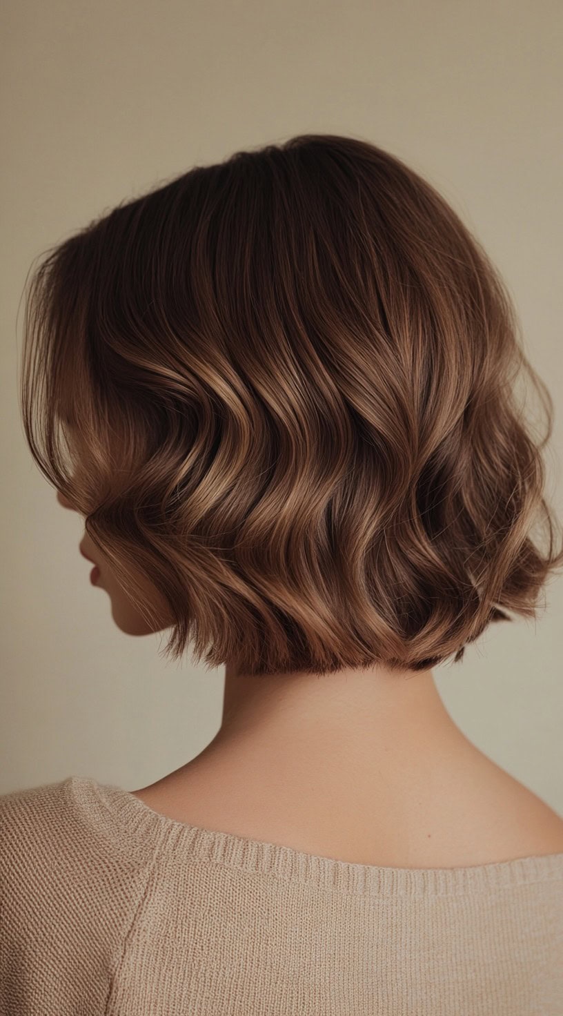 Side view of a short caramel brown bob with soft waves.