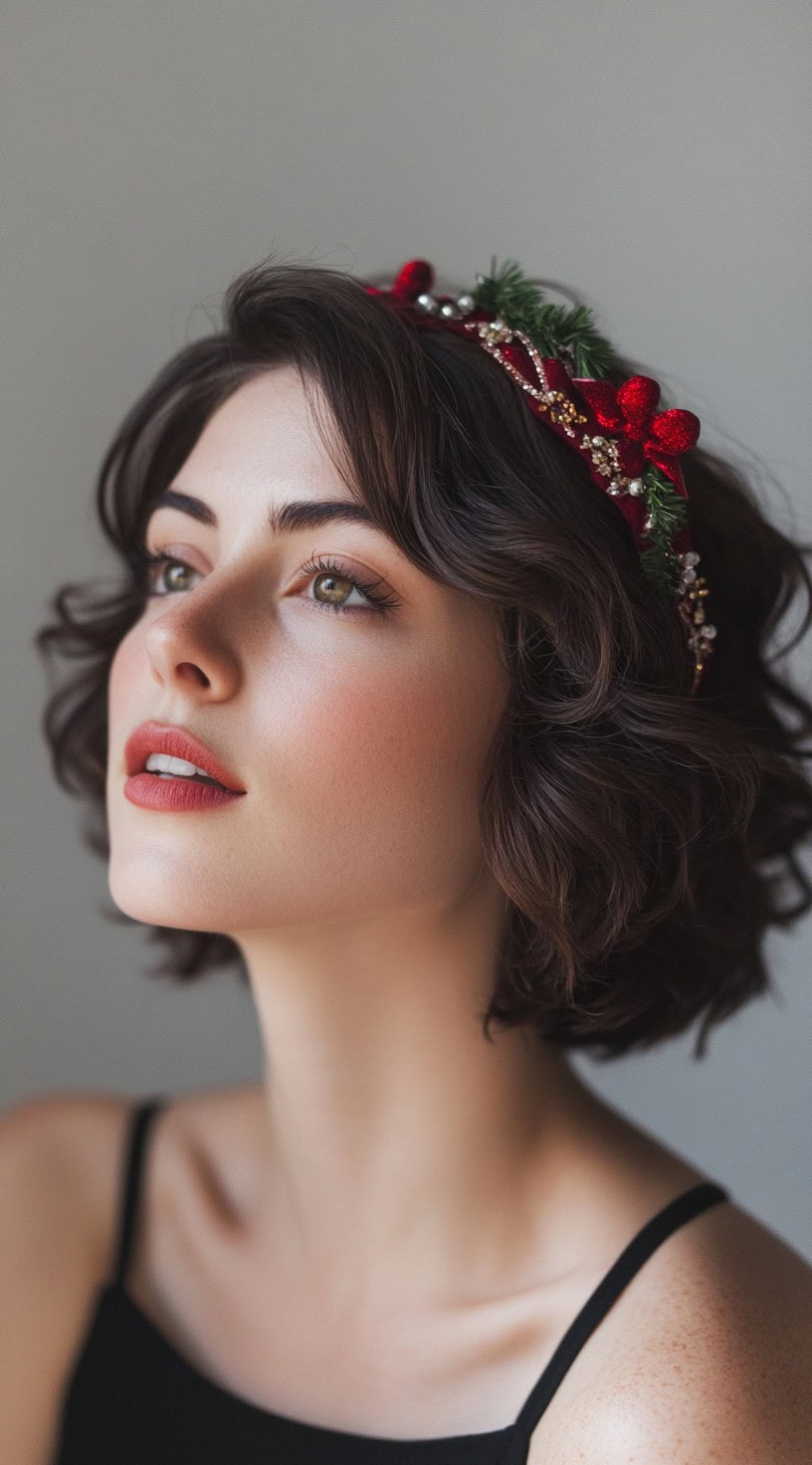 Close-up of a woman with soft curls and a red, festive headband adorned with small holiday decorations.