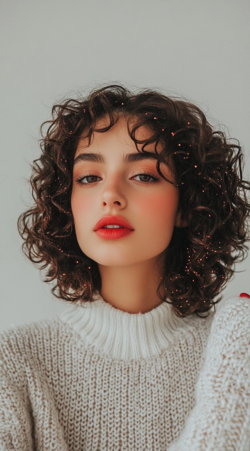 Front view of a short, curly bob with tiny fairy lights woven through the hair.