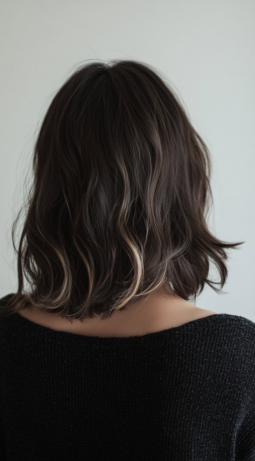 Short, wavy dark brown hair with subtle ash blonde tips.