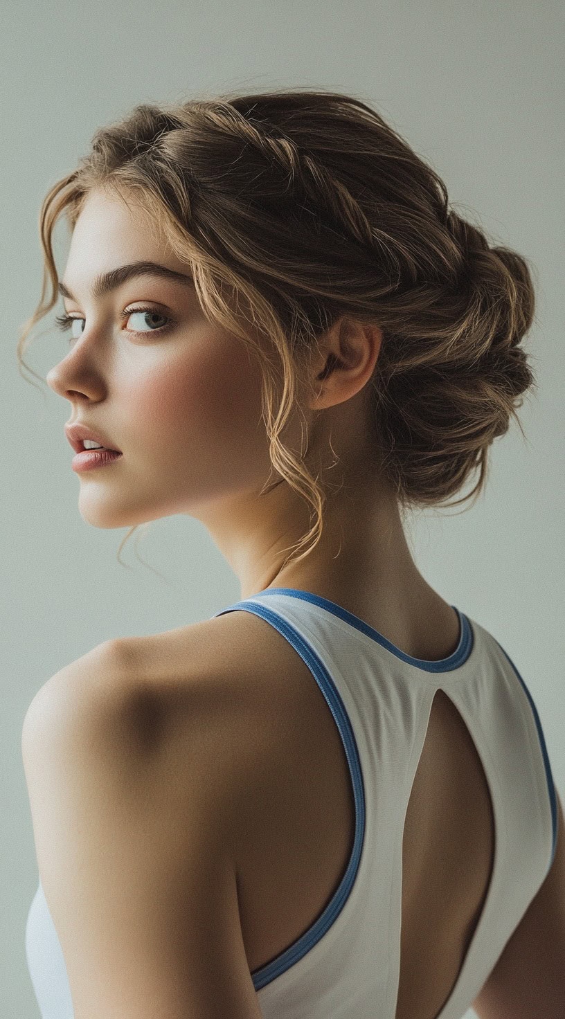 Profile view of a woman with a textured low bun and a loose braided crown.