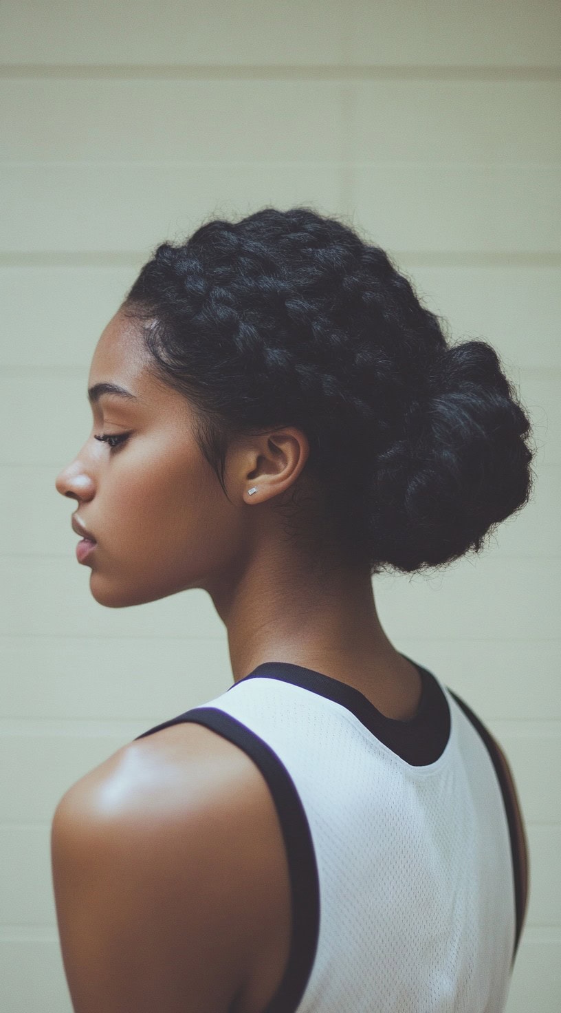 In this image, a person with dark, thick hair is wearing a low bun, with a crown of thick braids framing the top and sides of the head.