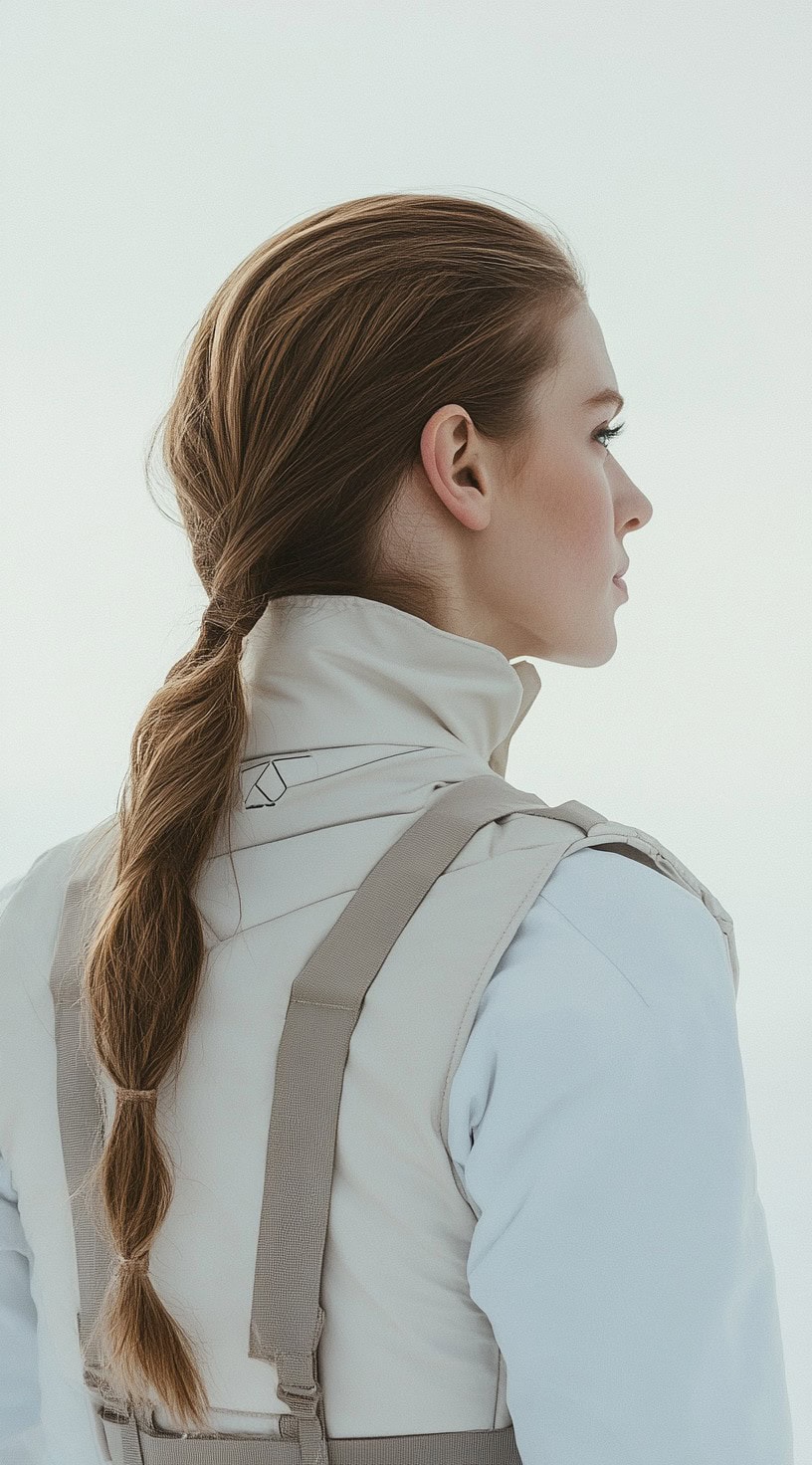 Back view of a woman with chestnut brown hair styled into a voluminous, textured ponytail.