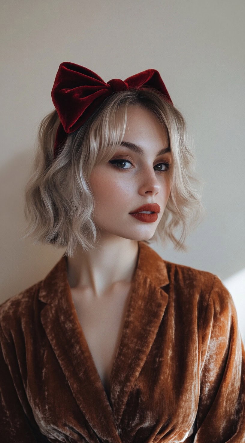 Side profile of a woman with textured, wavy hair and a large red velvet bow on top.