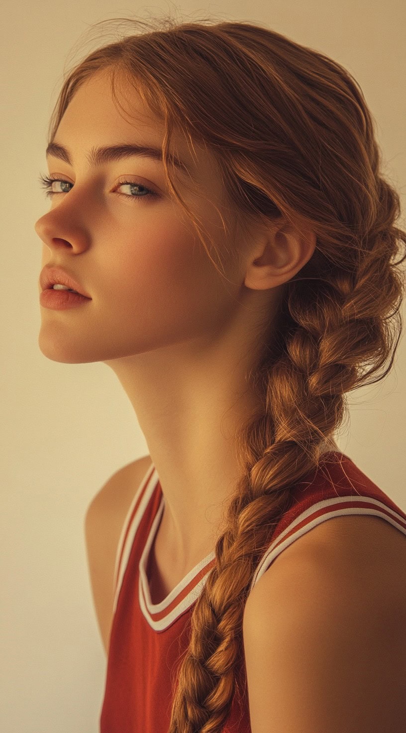 Profile view of a woman with a thick, loose side braid cascading over the shoulder.