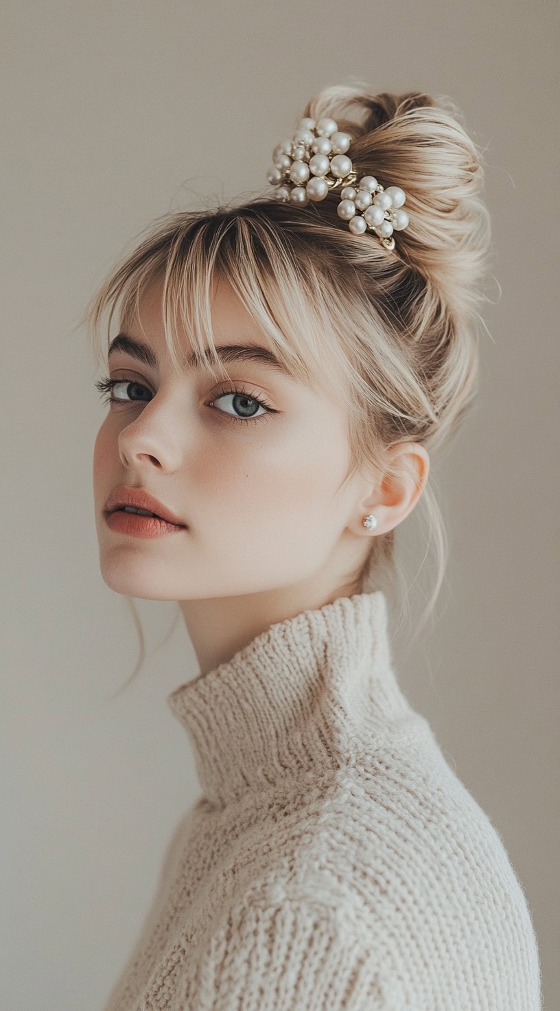 Blonde woman with a top knot bun and pearl-embellished hair accessory on top.