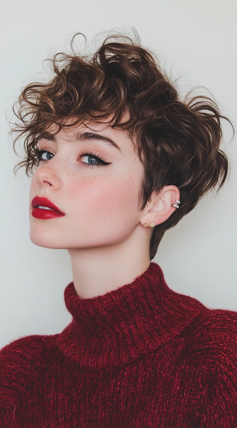 Side profile of a woman with a tousled pixie cut and bold red lipstick, creating a classic, edgy look.