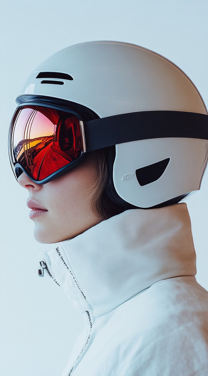 Side view of a woman with her long hair tucked neatly inside her ski jacket and helmet.