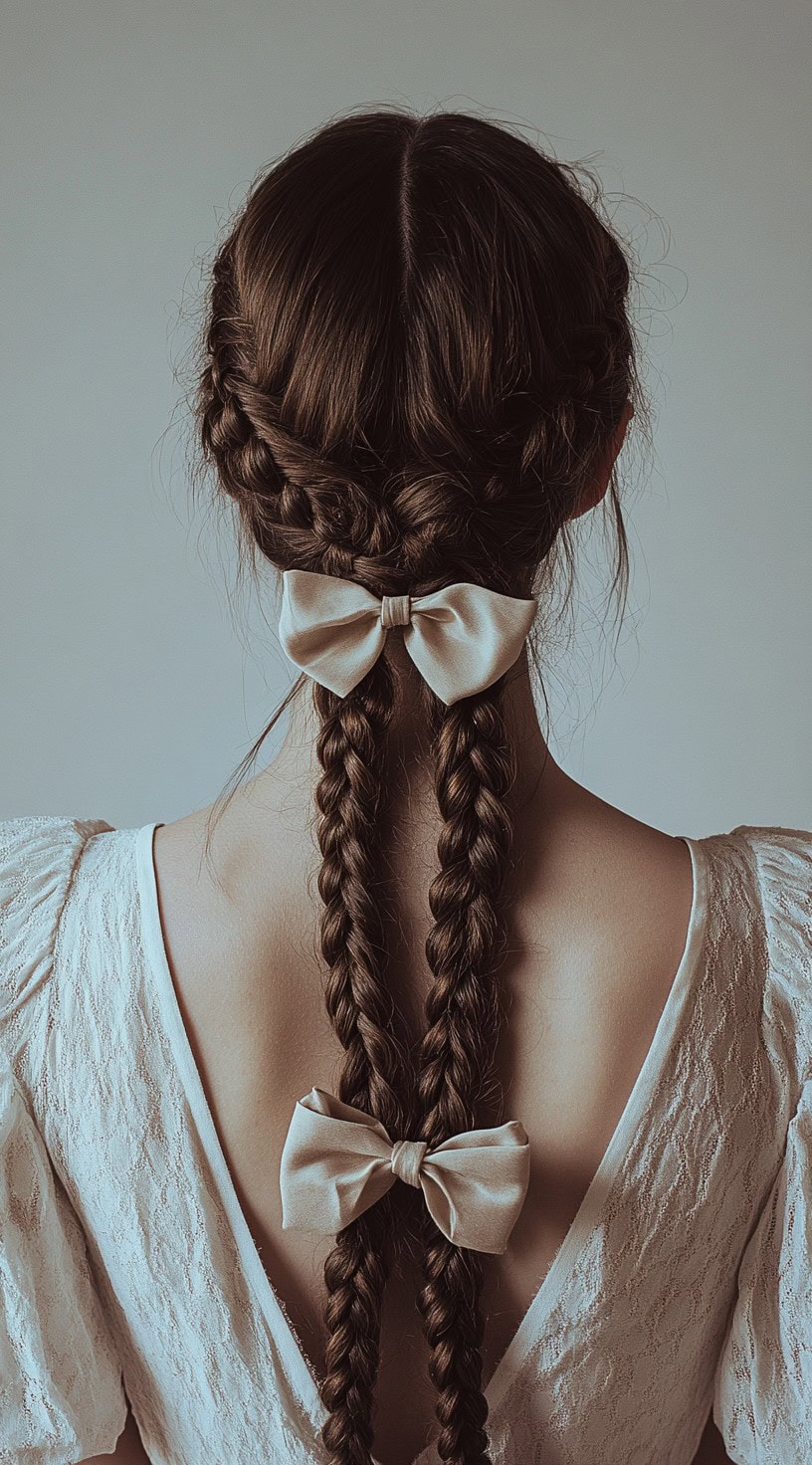 Back view of a woman with twin braids, each adorned with a cream-colored bow at the ends.