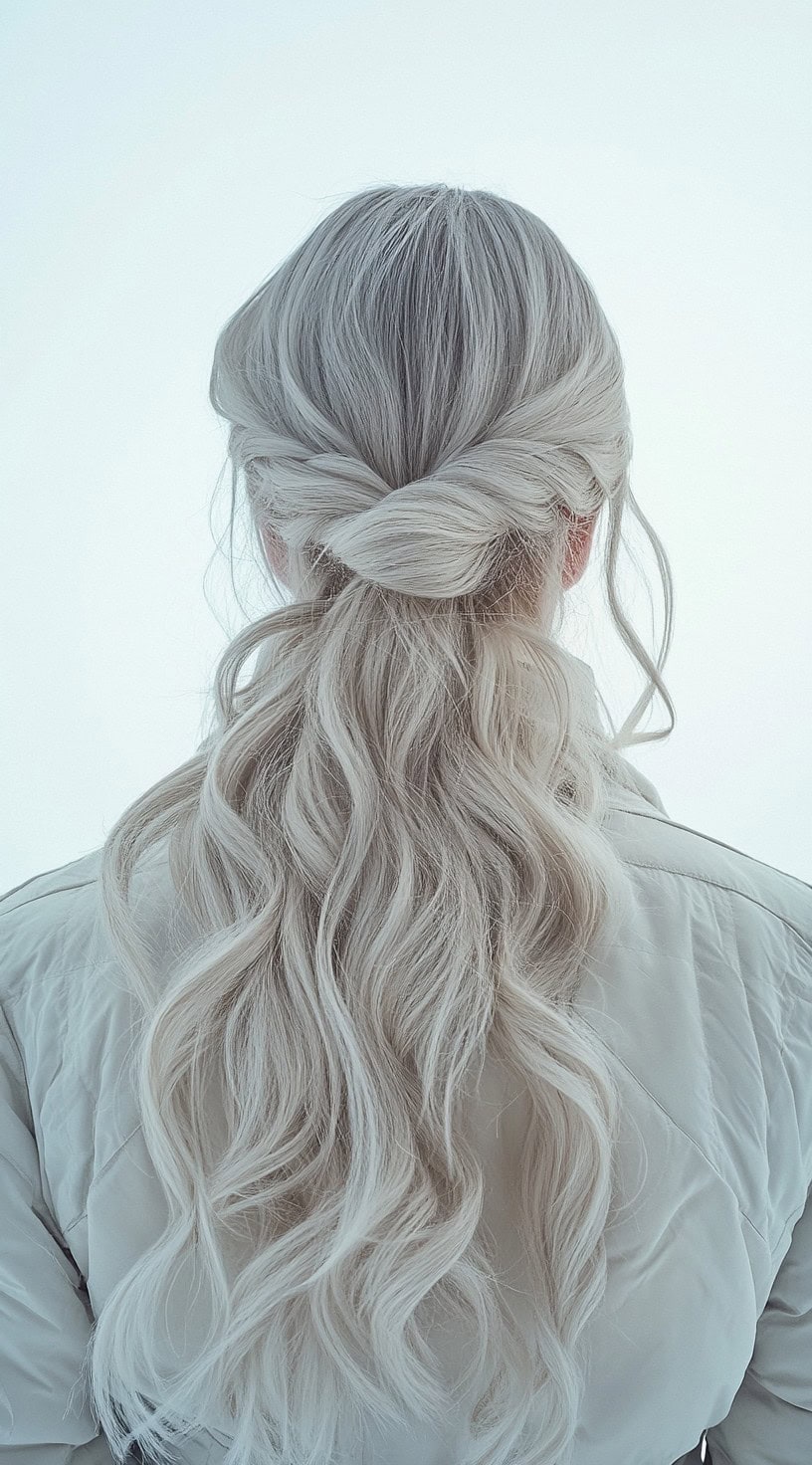 Back view of a woman with silver hair styled in a twisted half-up, half-down look, creating a soft and romantic appearance.