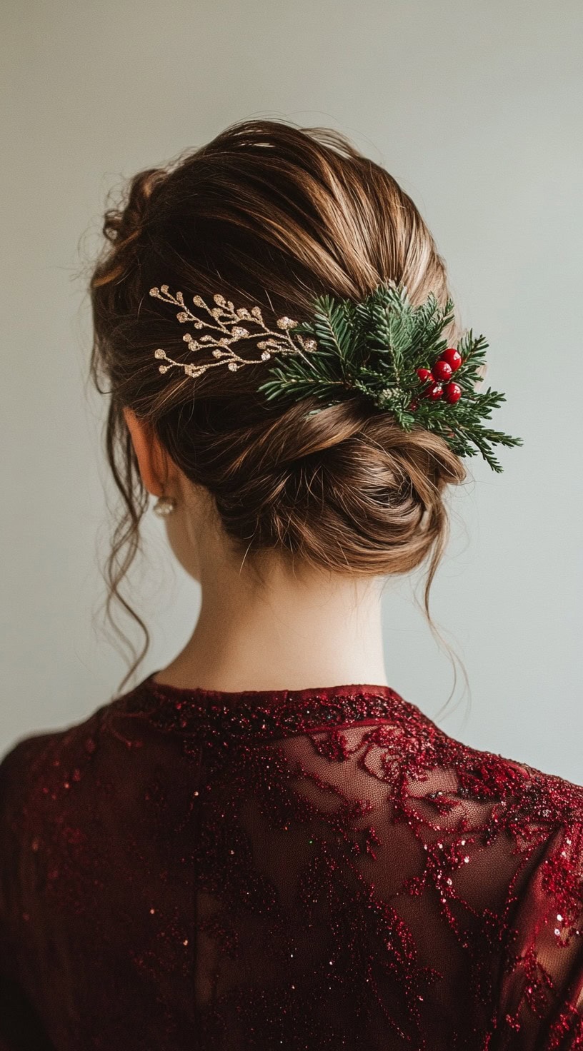 Back view of a low, twisted bun adorned with festive greenery and red berry accents.