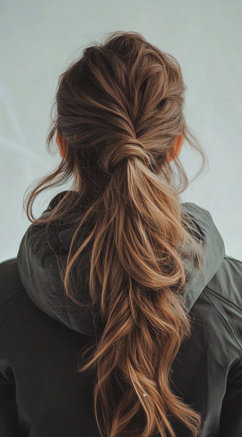 Back view of a woman with silver hair styled into a twisted low ponytail, offering a soft, romantic look.