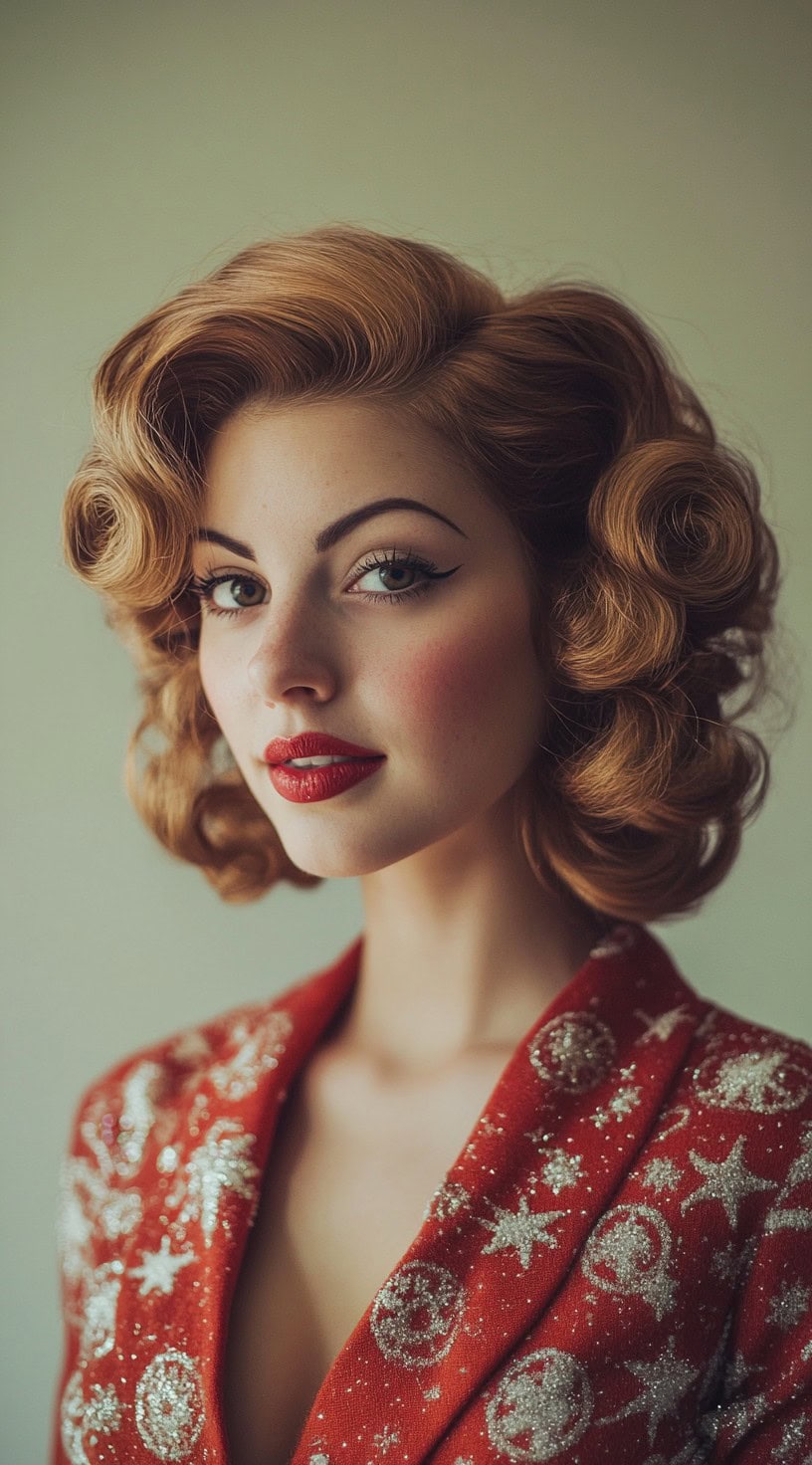 Side profile of a woman with voluminous vintage-style curls, paired with classic red lipstick.